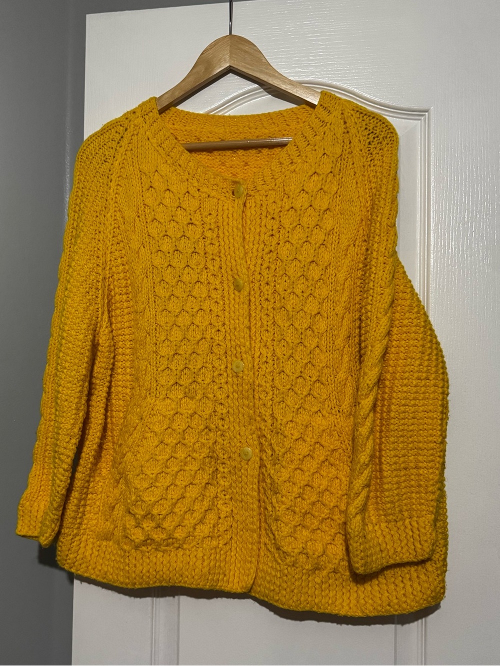 Vintage Plus Size Chunky Knit Button-Front waffle knit Sweater Cardigan - Yellow